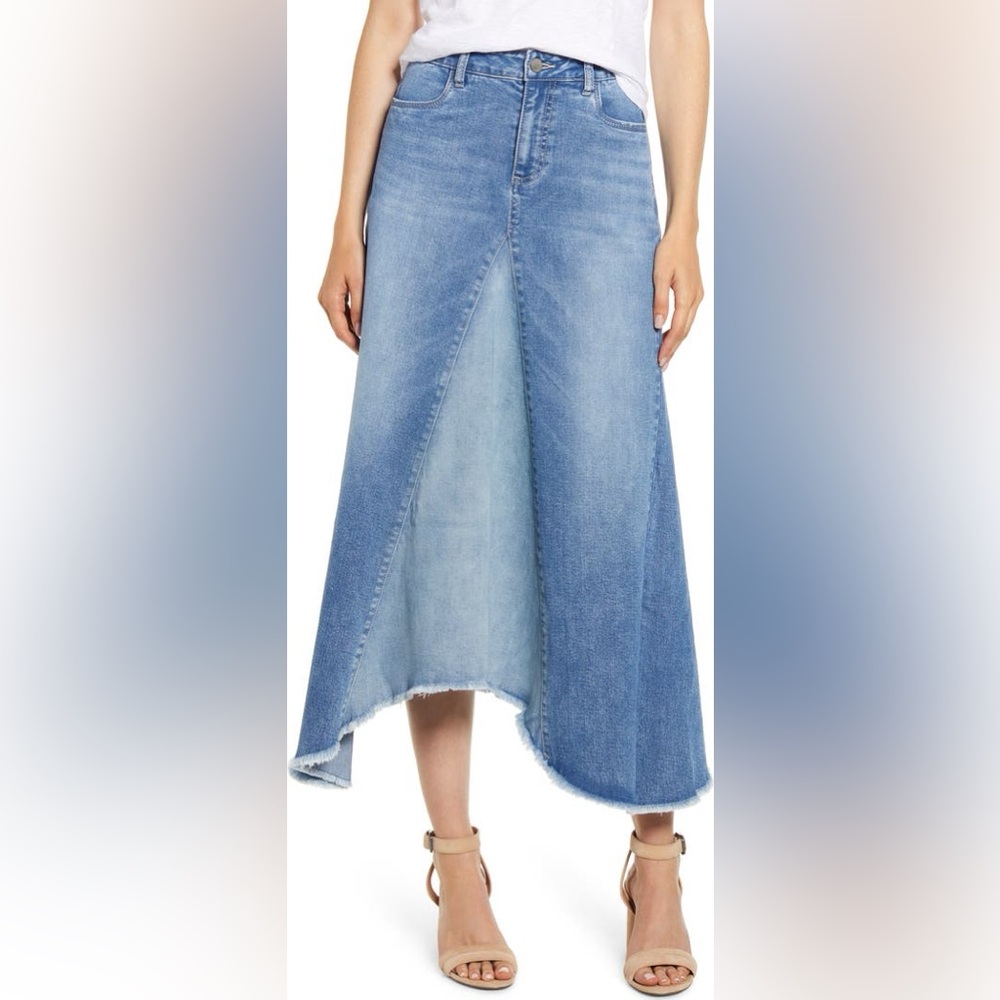 Wash Lab Asymmetrical Pierced Denim Midi Skirt Size 31 Frayed Hem Jean Skirt - Picture 1 of 11